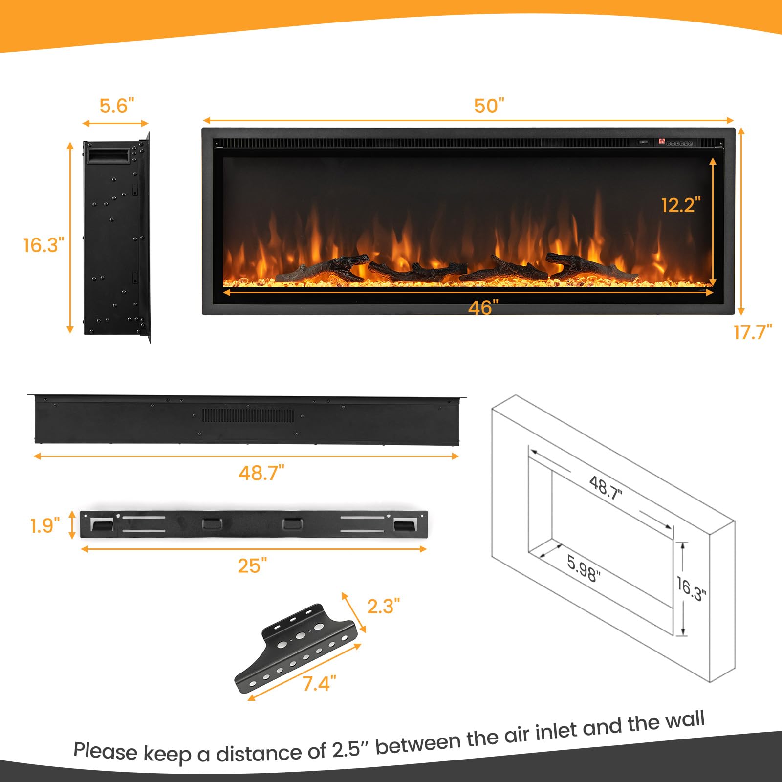 Tangkula 50 Inches Electric Fireplace Inserts, Recessed, Wall Mounted and Freestanding 1500W Slim Fireplace Heater with Remote Control, Adjustable Flame Color & Brightness (50 Inches)