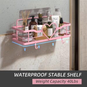 FLCITY Pink Shower Caddy with 4 Removable Hooks, 2 Pack Sweet Heart Shower Shelves,No Drilling Adhesive Organizer Shelf for Bathroom Shower,Kitchen,Bedroom