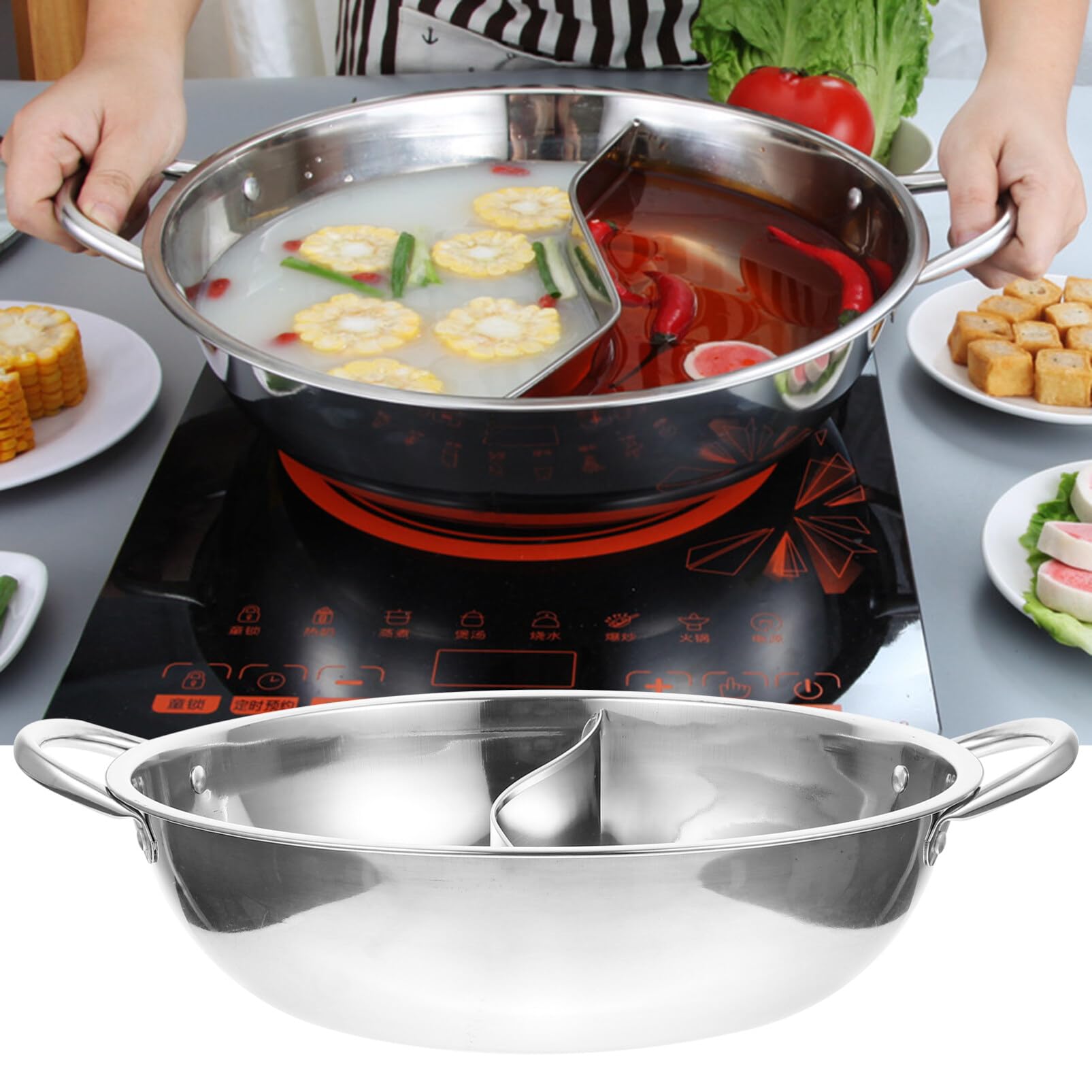 Tofficu Hot Pot with Divider, Stainless Steel 12.9 Inch Divided Hotpot, Hot Pot Pan Hotpot Pot Double Sauce Pot for Induction Cooktop Gas Stove