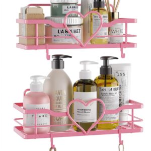 flcity pink shower caddy with 4 removable hooks, 2 pack sweet heart shower shelves,no drilling adhesive organizer shelf for bathroom shower,kitchen,bedroom