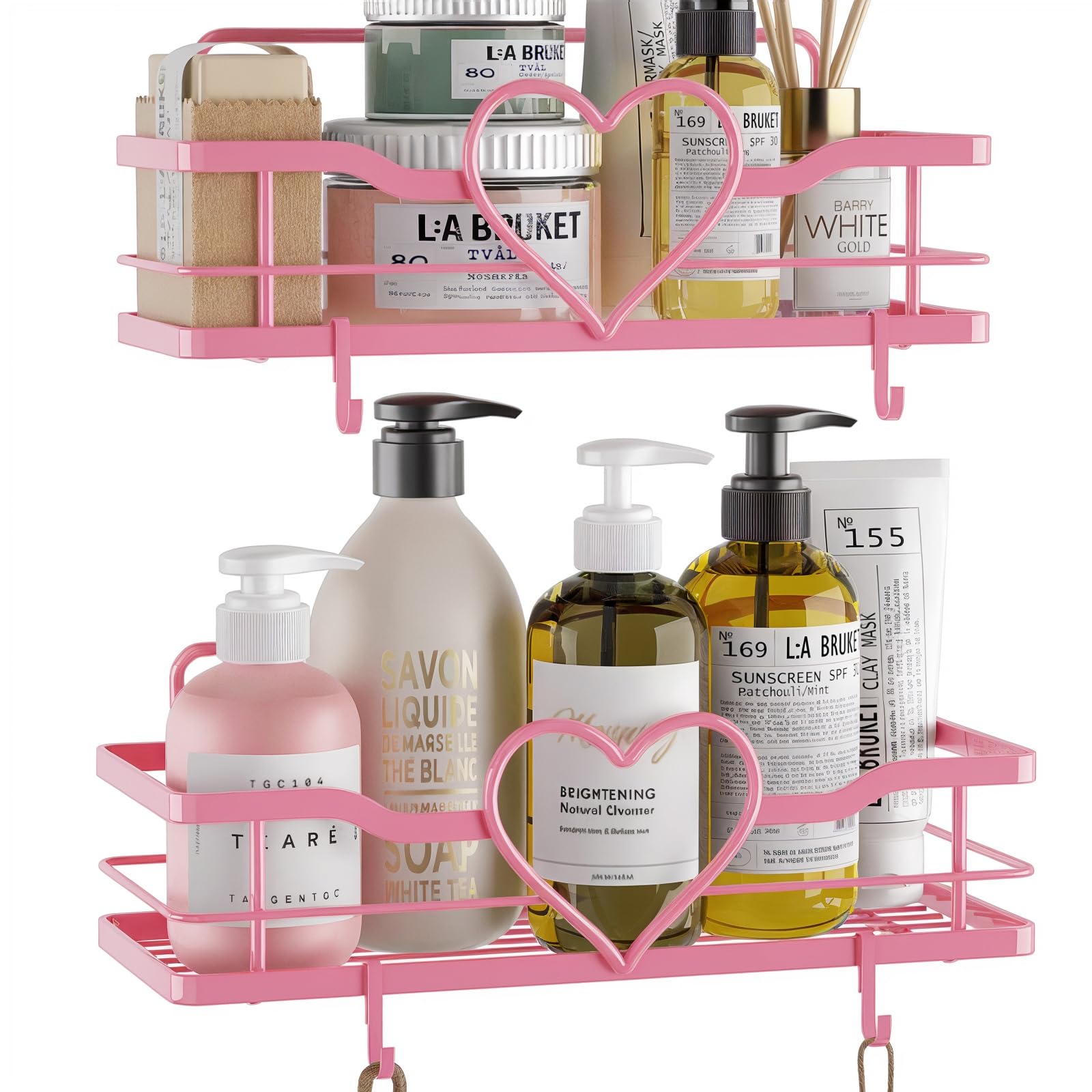 FLCITY Pink Shower Caddy with 4 Removable Hooks, 2 Pack Sweet Heart Shower Shelves,No Drilling Adhesive Organizer Shelf for Bathroom Shower,Kitchen,Bedroom