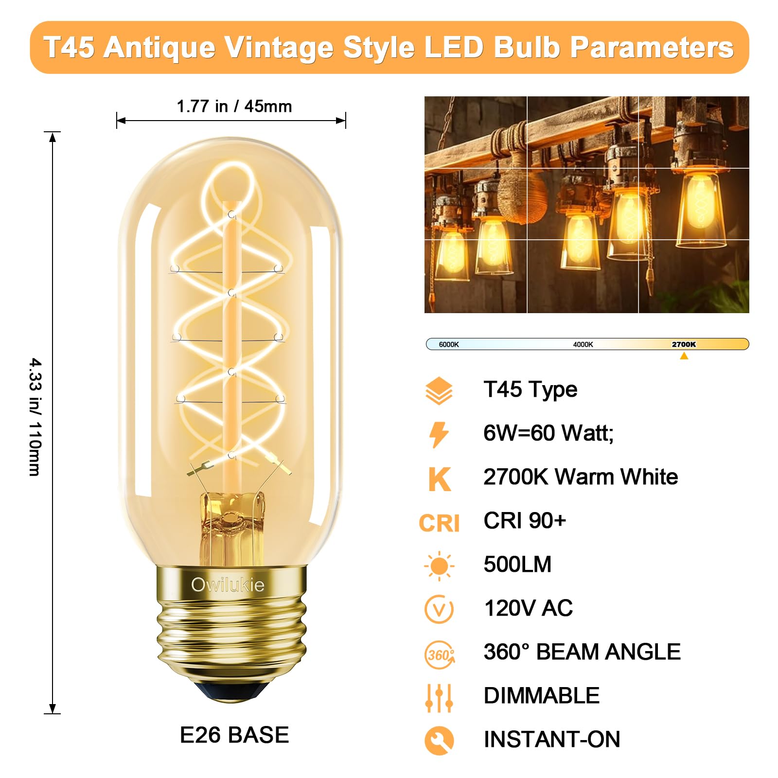 Owilukie E26 LED Bulb 6W Equivalent E26 Bulb 60 watt,Vintage Edison Bulbs,Warm White 2700K Amber E26 Edison Bulb dimmable,Tubular T14 T45 LED Light Bulb,AC120V,500lm,CR90+,Clear Glass,Pack of 4