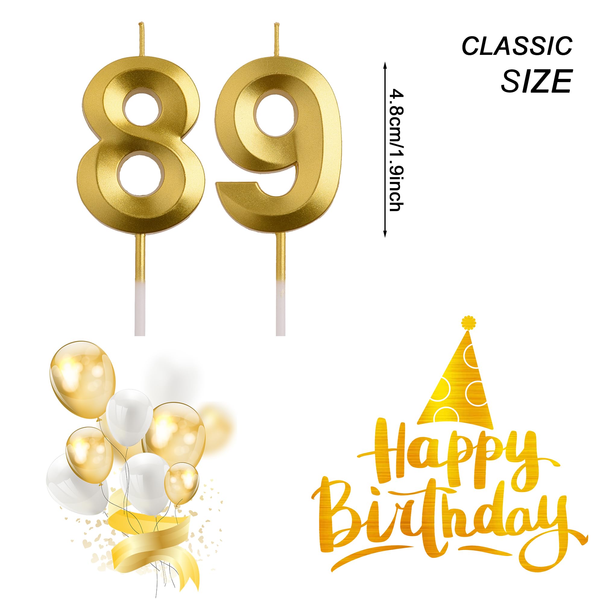 AOOLADA 89th 98th Birthday Candles, Gold 98 89 Year Old Number Birthday Candles, Birthday Party Decorations Cake Topper Gifts for Men Women