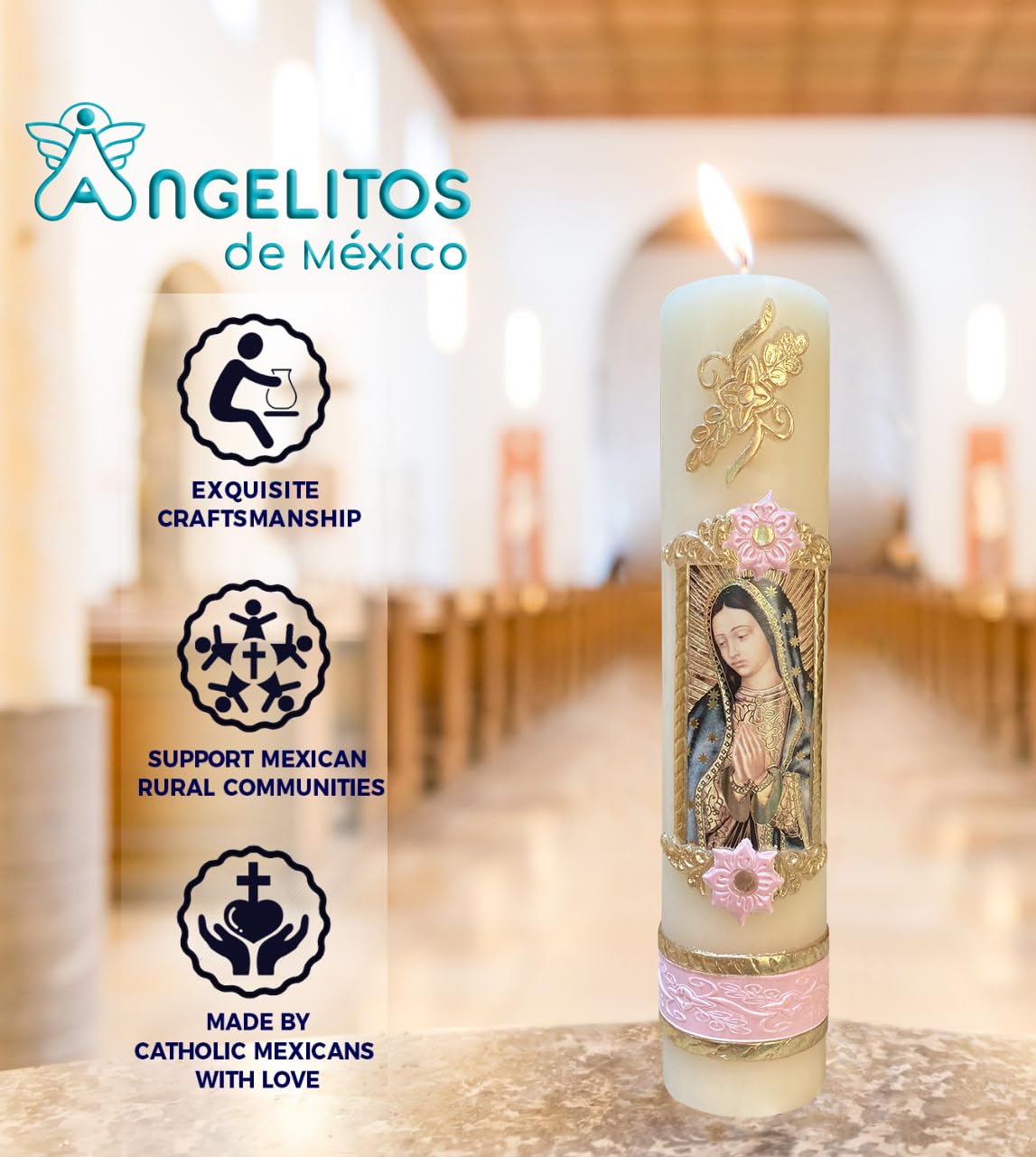 Angelitos de Mexico Guadalupana Virgen de Guadalupe Artisan Pink Candle Cirio Vela de la Guadalupana Fe Catolica