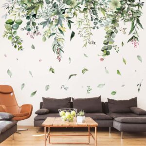 Amimagen Green Hanging Vine Wall Stickers - Nature Plants Flower Leaves Wall Decals - Bedroom Living Room Sofa TV Background Home Wall Decor