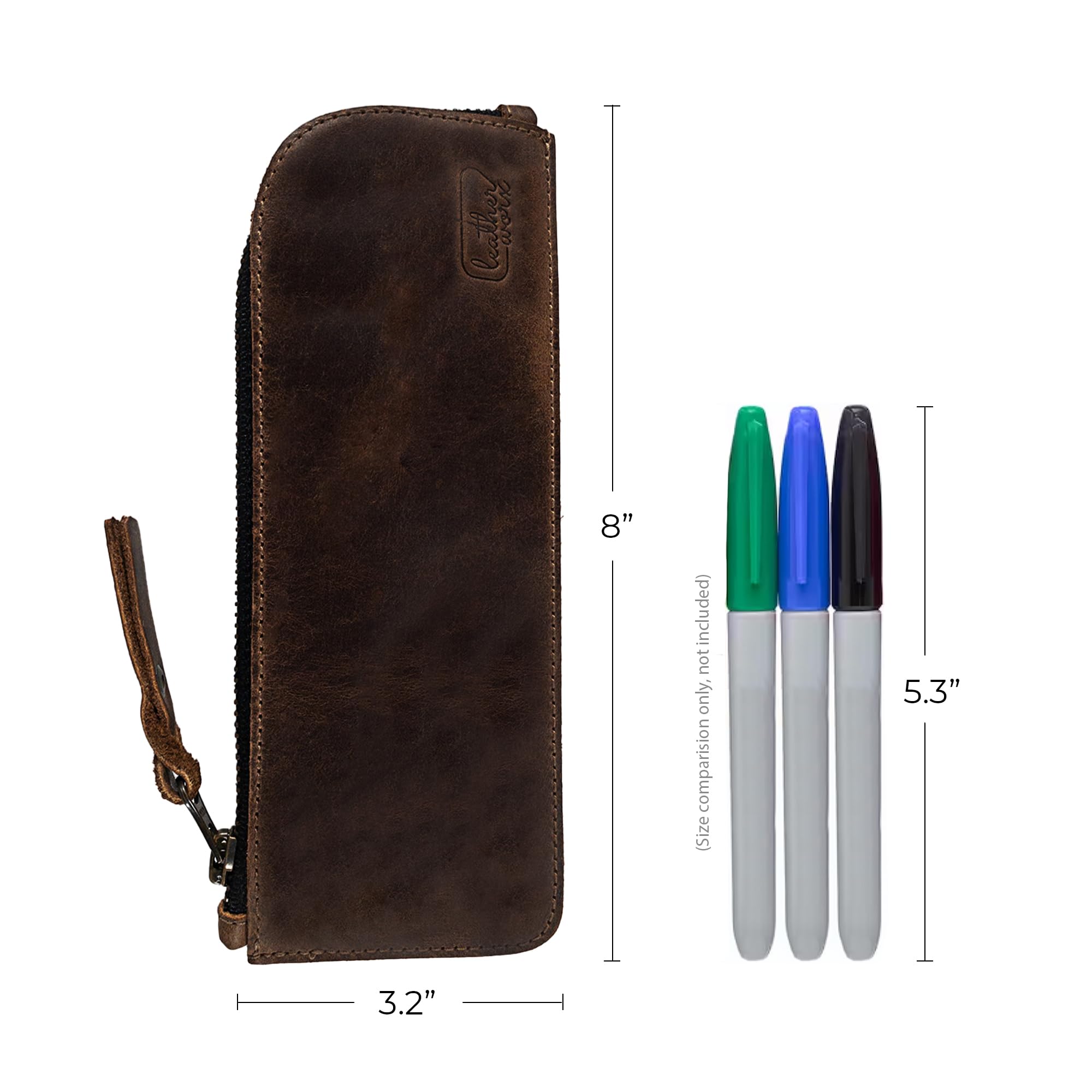 Leather Worx, Full Grain Leather Flat Pencil Pouch, Curved Pen and Marker Case for Men and Women, Zippered Bag for Work & Artists Accessories, Bourbon Brown