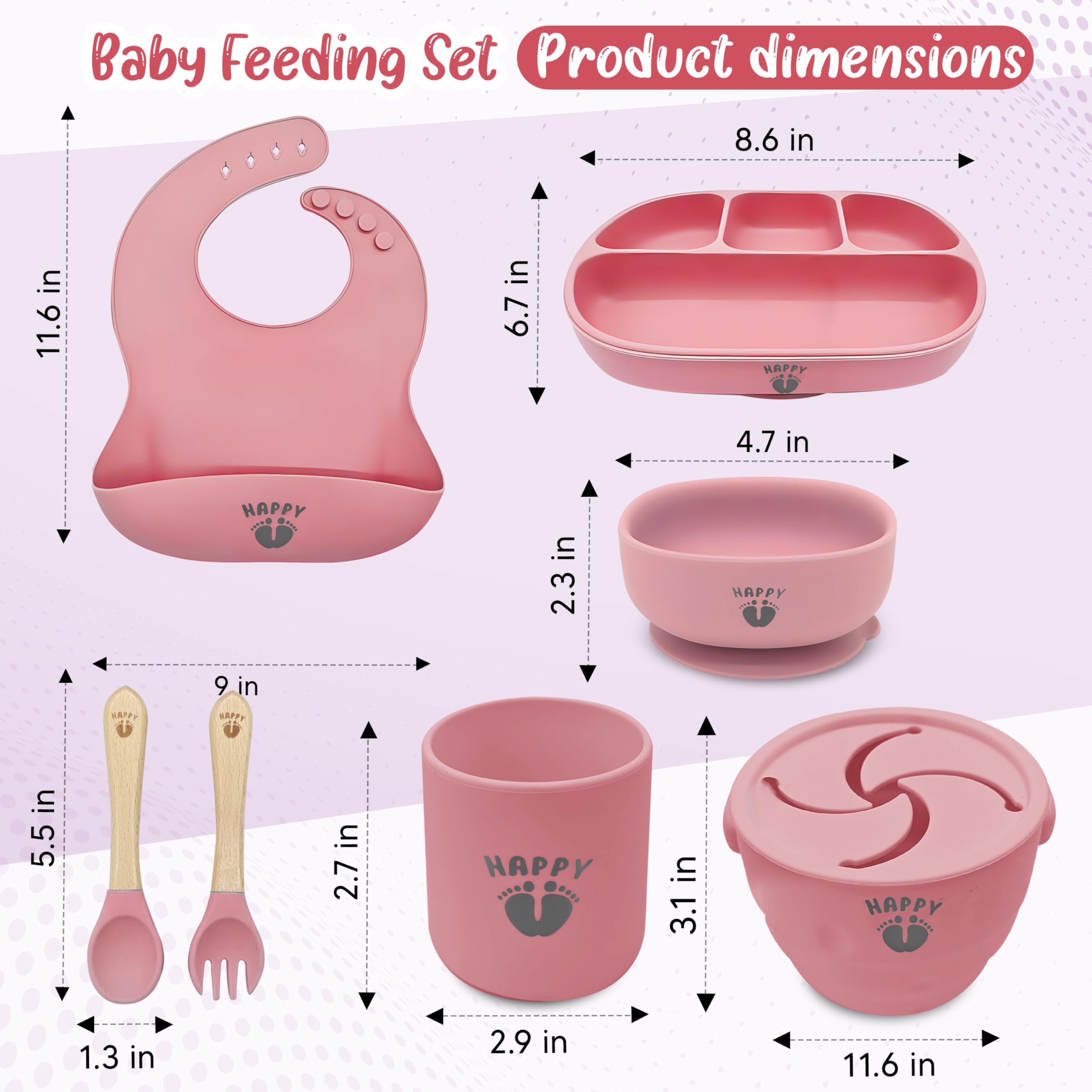 Dingas Direct - Happy Feet Feeding Set, 9 Piece Baby Feeding Supplies Set, Food Grade Silicone Baby Feeding Set, Baby Led Weaning Set and Baby Dishes, Quality Baby Suction Bowls and Plates. (Pink)