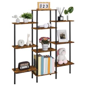 shinoske 4-tier bookshelf,small triple wide bookcase for books,cds,movies,display shelf with 10 open shelves for living room,home office,balcony,rustic brown