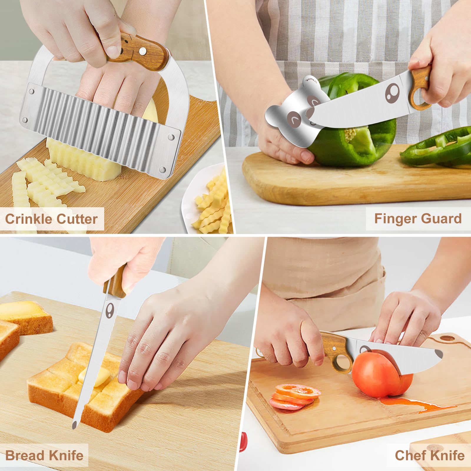 ZLemma Kids Knife Set for Real Cooking with Educational Ring & Finger Guard for Cutting Training, 3 Pieces Premium Full-tang Kids Chef Knife & Kids Crinkle Cutter, Precious Rosewood Handle