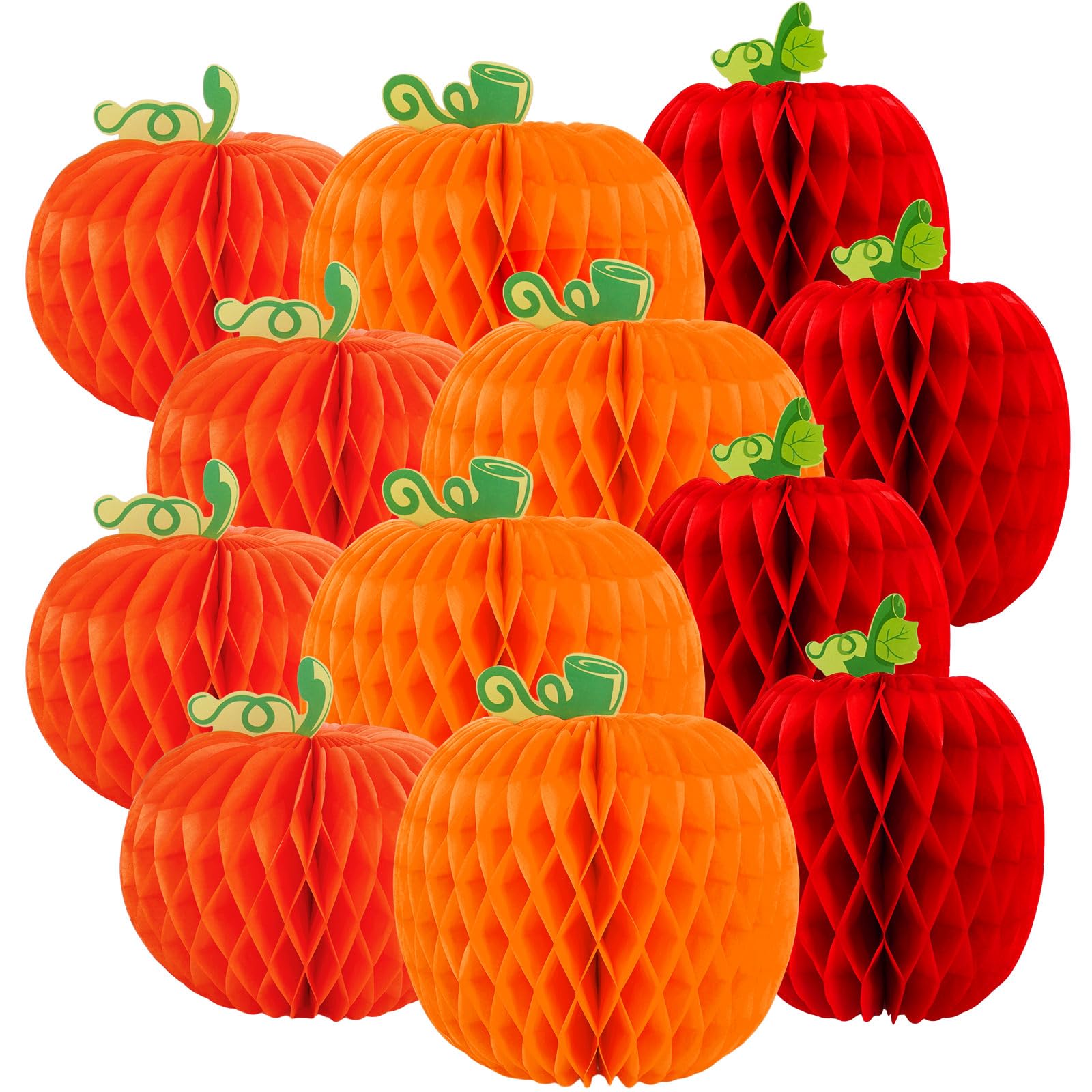 Whaline 12Pcs Fall Pumpkin Honeycomb Centerpiece 3 Different Shapes Pumpkin Honeycomb Decorations Orange Red Autumn Table Ornaments for Halloween Thanksgiving Party Supplies