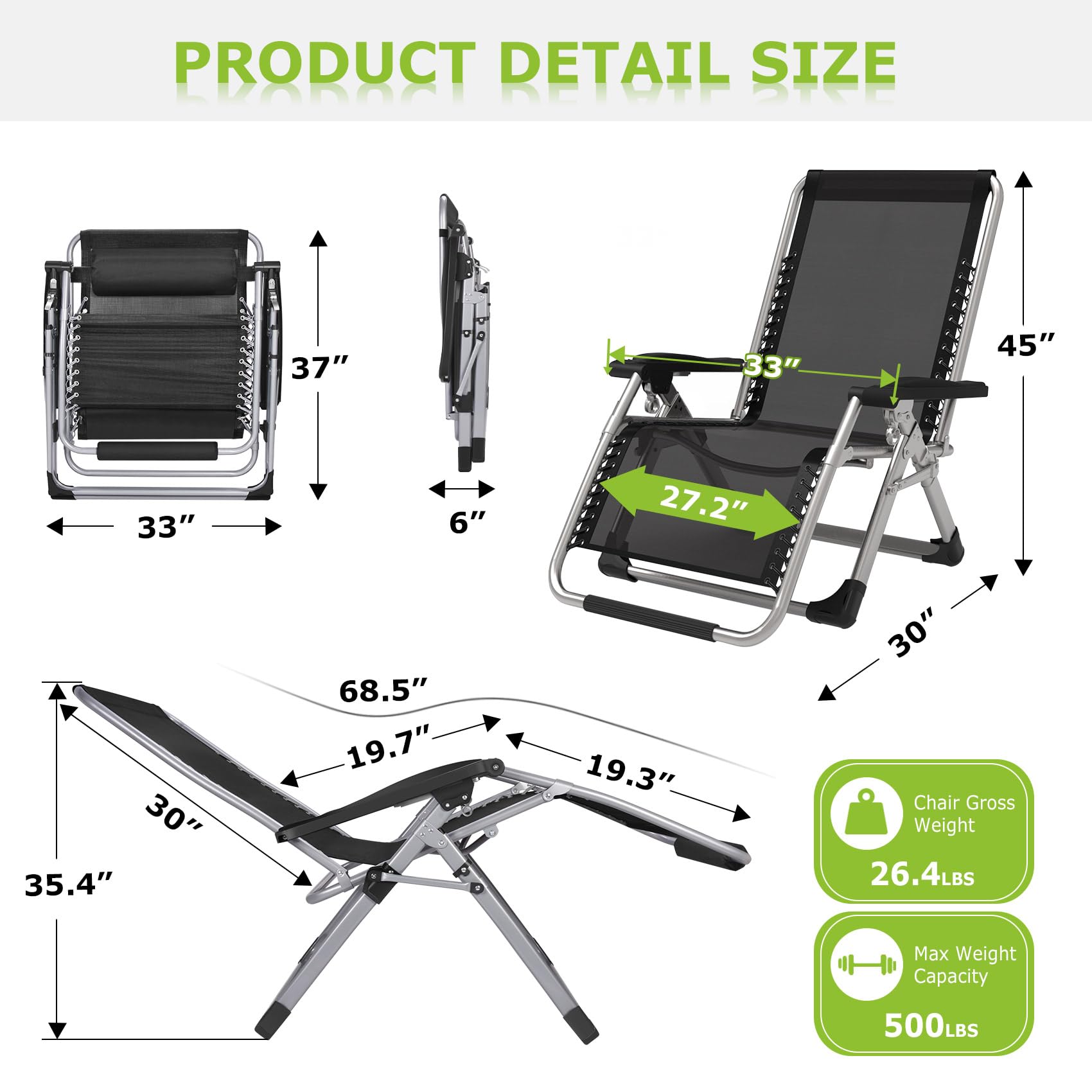 Suteck Oversized Zero Gravity Chair 33In XXL Reclining Camping Chair w/Removable Cushion, Outdoor Lounge Chairs Patio Recliner with Large Cup Holder, Footrest and Padded Headrest, Support 500LBS, Grey