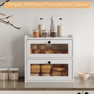 Alpeir Double Layer Large Bread Box for Kitchen Counter, Wooden Corner Bread Storage Container with Acrylic Window, White