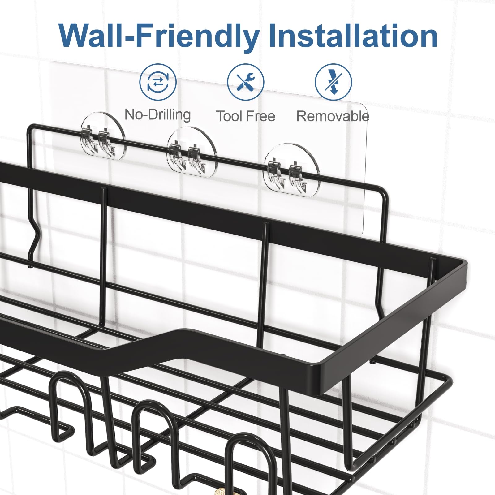 meexzoom Shower Caddy 5 Pack, Rustproof Shower Organizer for Bathroom, Large Capacity No Drilling Adhesive Shower Shelves for Inside Shower Rack, Stainless Steel Black Shower Shelf for Shower Storage