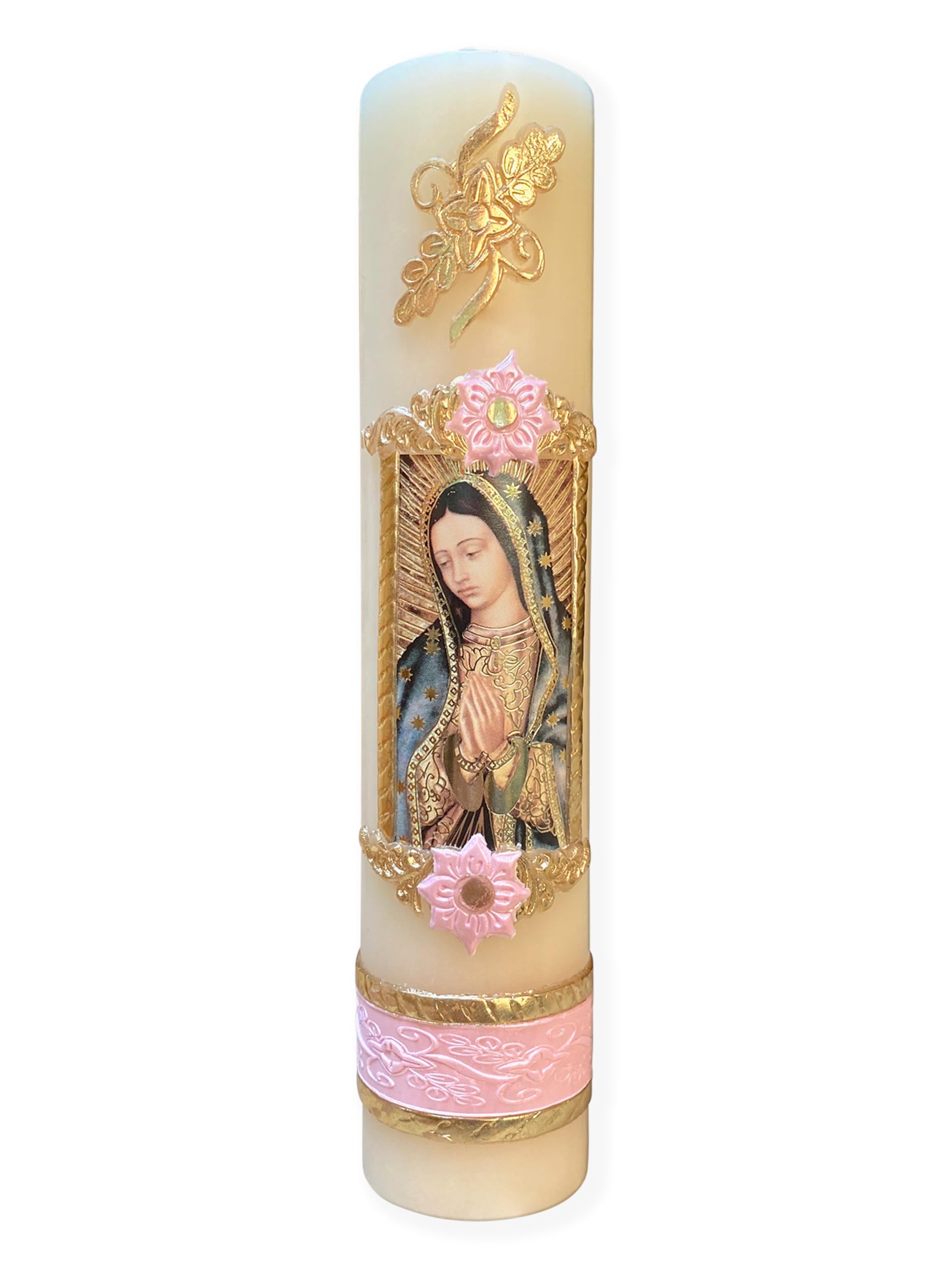 Angelitos de Mexico Guadalupana Virgen de Guadalupe Artisan Pink Candle Cirio Vela de la Guadalupana Fe Catolica