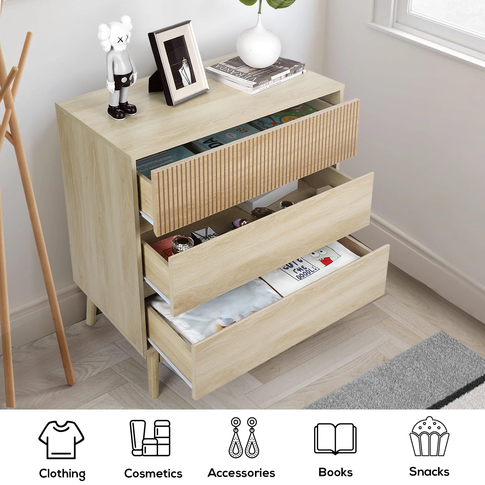 VOWNER 3 Drawer Dresser, Farmhouse Wood Storage Chest of Drawers, Modern Closet Dressers with Wide Drawers, Bedroom, Living Room