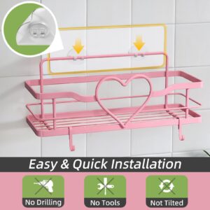 FLCITY Pink Shower Caddy with 4 Removable Hooks, 2 Pack Sweet Heart Shower Shelves,No Drilling Adhesive Organizer Shelf for Bathroom Shower,Kitchen,Bedroom