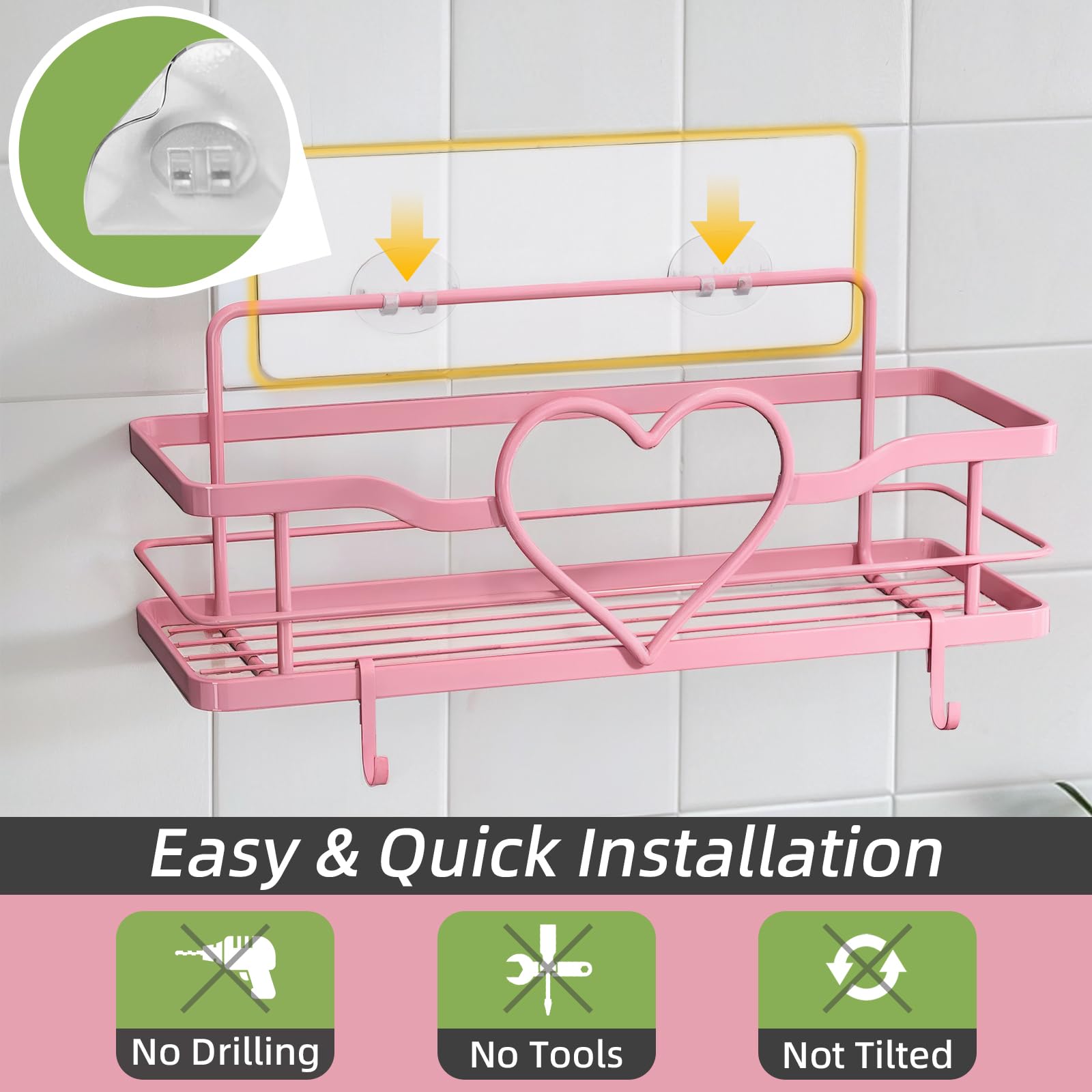 FLCITY Pink Shower Caddy with 4 Removable Hooks, 2 Pack Sweet Heart Shower Shelves,No Drilling Adhesive Organizer Shelf for Bathroom Shower,Kitchen,Bedroom