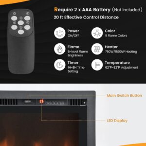 Tangkula 50 Inches Electric Fireplace Inserts, Recessed, Wall Mounted and Freestanding 1500W Slim Fireplace Heater with Remote Control, Adjustable Flame Color & Brightness (50 Inches)