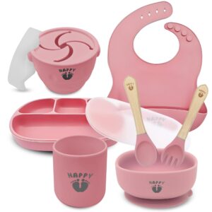 dingas direct - happy feet feeding set, 9 piece baby feeding supplies set, food grade silicone baby feeding set, baby led weaning set and baby dishes, quality baby suction bowls and plates. (pink)