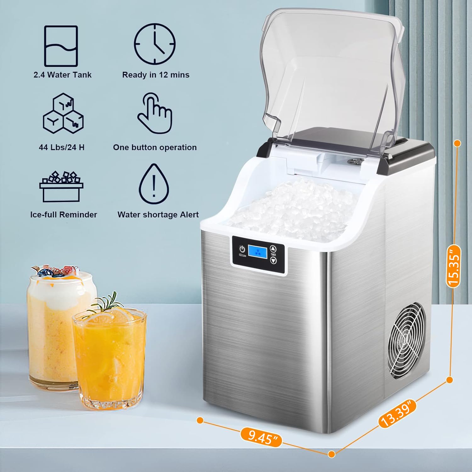 Nugget Countertop Ice Maker with Soft Chewable Pellet Ice,Pebble Portable Ice Machine with Ice Scoop, 44Lbs/24H, Self-Cleaning, Sonic Ice, One-Click Operation, Kitchen,Office Stainless Steel Silver