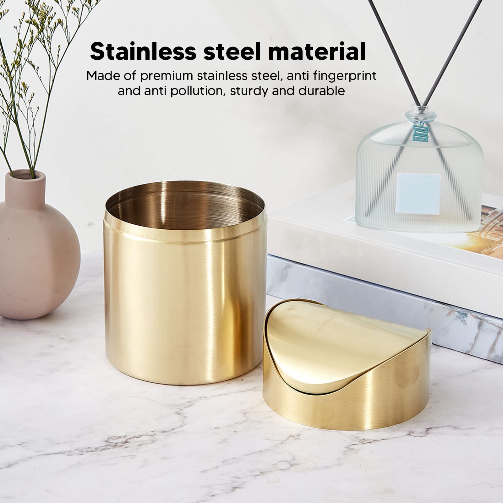 BORDSTRACT Mini Trash Can with Lid, Stainless Steel Swing Lid Trash Can, Fingerprint Proof Compact Can, Small Trash Can, Desk Trash Can, Mini Countertop Trash Can for Office, Gold