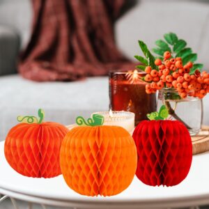 Whaline 12Pcs Fall Pumpkin Honeycomb Centerpiece 3 Different Shapes Pumpkin Honeycomb Decorations Orange Red Autumn Table Ornaments for Halloween Thanksgiving Party Supplies