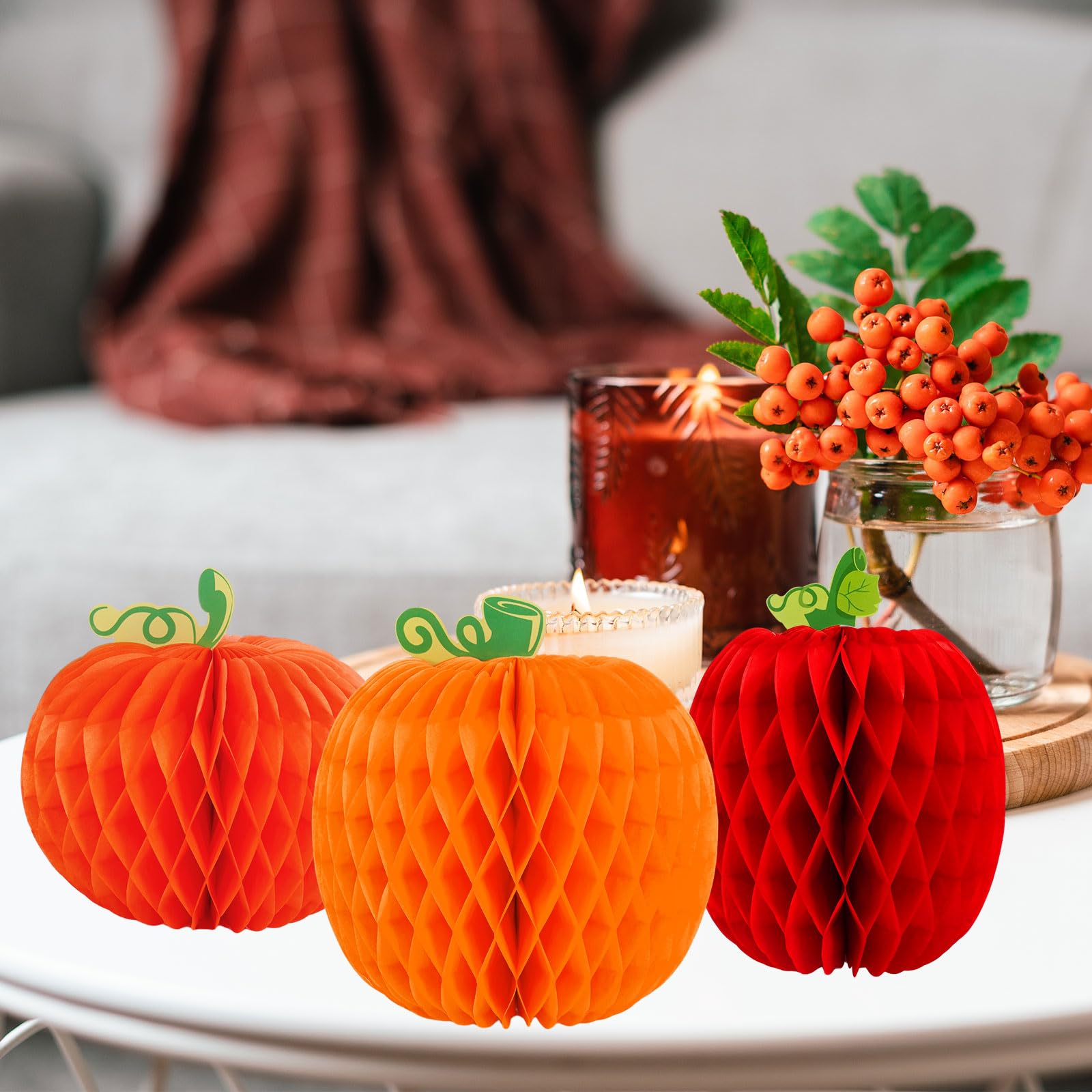 Whaline 12Pcs Fall Pumpkin Honeycomb Centerpiece 3 Different Shapes Pumpkin Honeycomb Decorations Orange Red Autumn Table Ornaments for Halloween Thanksgiving Party Supplies