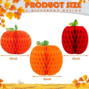 Whaline 12Pcs Fall Pumpkin Honeycomb Centerpiece 3 Different Shapes Pumpkin Honeycomb Decorations Orange Red Autumn Table Ornaments for Halloween Thanksgiving Party Supplies