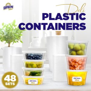 Supreme Deli Plastic Storage Containers with Lids 8 oz & 16 oz [24 sets of each - 48 combo pack] Reusable Food Containers -Microwavable & Freezer friendly - Dishwasher safe - Secure & Tight Covers