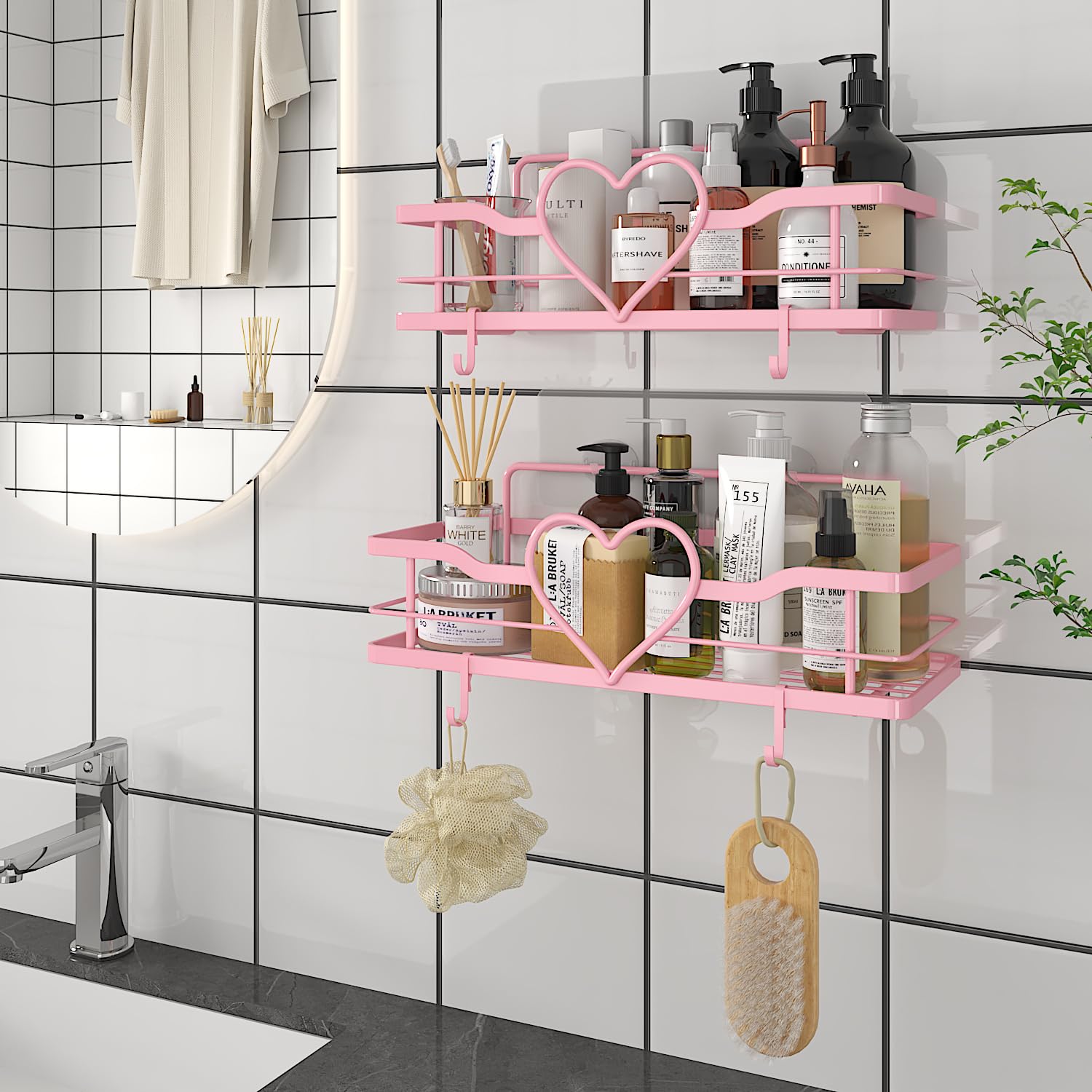 FLCITY Pink Shower Caddy with 4 Removable Hooks, 2 Pack Sweet Heart Shower Shelves,No Drilling Adhesive Organizer Shelf for Bathroom Shower,Kitchen,Bedroom