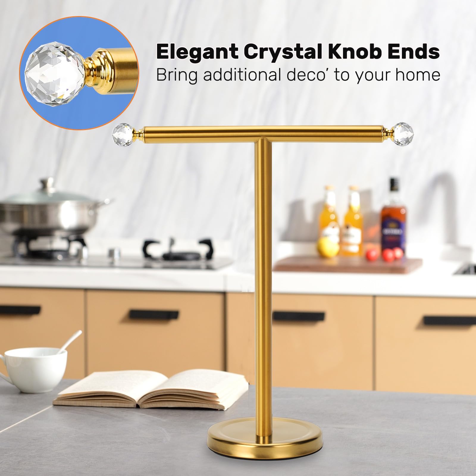 Noonext Gold Hand Towel Holder, Freestanding Hand Towel Rack with Heavy Base, Stainless Steel Towel Holder Countertop for Bathroom (Brushed Gold)