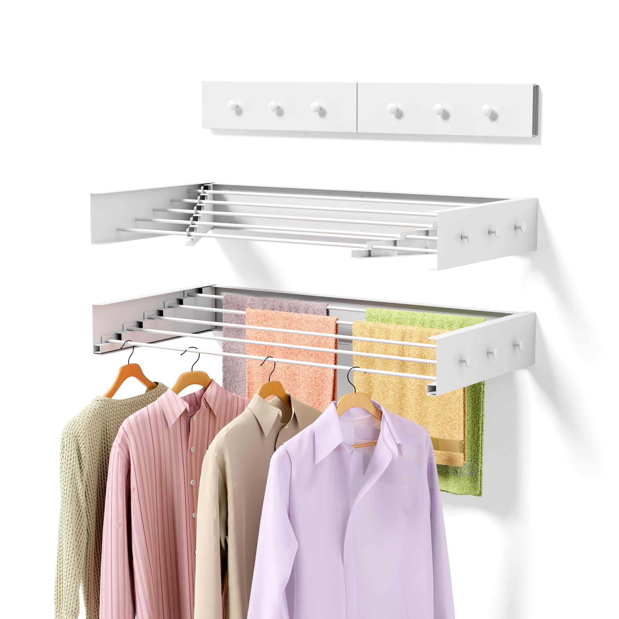 ZMBESUP 【Upgrade】 Laundry Drying Rack, 40" Drying Rack Clothing Wall Mounted,Foldable, 5 Aluminum Rods with 6 Hooks, Space-Saving White Collapsible Drying Racks Hanger for Laundry Bathroom