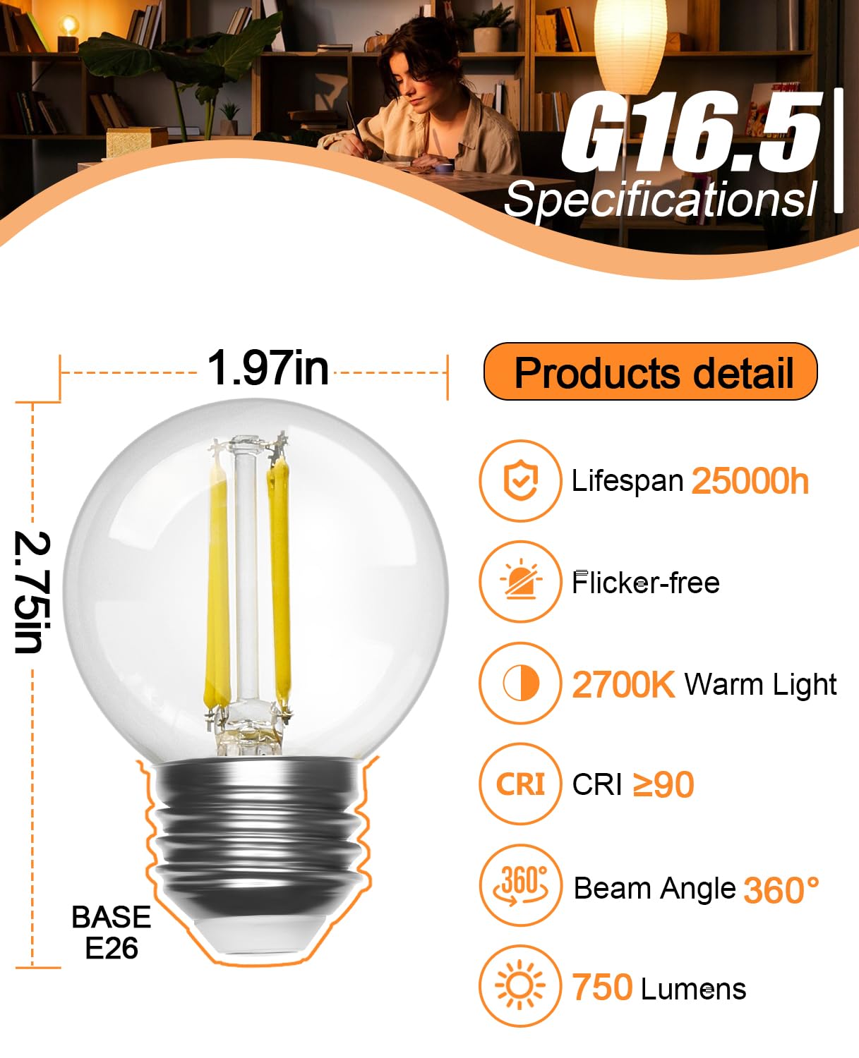 【Upgraded】 E26 Led Bulbs 60 watt G16.5 Led Light Globe Small Light Bulb, Warm White 2700K, Vintage Edison Bulb, Led Edison Bulb 6W for Celling Fan Vanity Light CRI 90+ 750LM, Non-Dimmable, 4-Pack