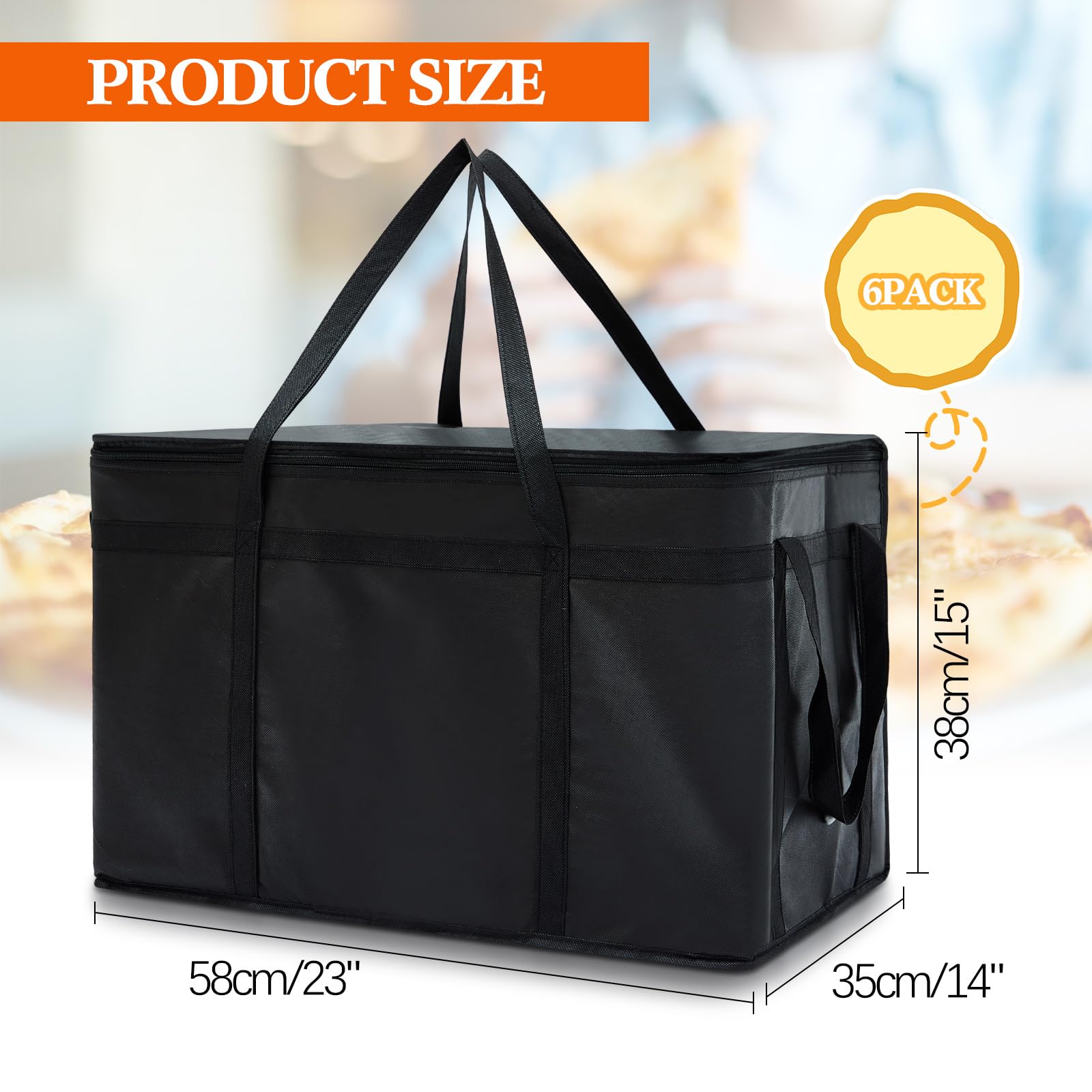 Maxcheck 6 Pcs Insulated Food Delivery Bag XXXL Large Capacity Hot Cold Grocery Tote Bag Reusable Warming Cooler Pizza Catering Bag Carrier for Commercial Travel Lunch Shopping Gifts(Black)