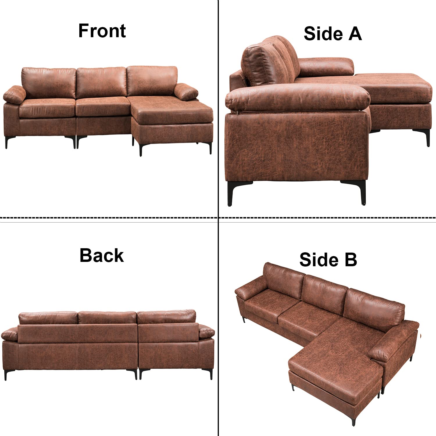 HOOOWOOO 97.6" Sectional Couch Sofa Modern L Shape Modular Sectional Sofa with Reversible Chaise Pillow Arms Solid Wood Frame for Living Room Apartment,Chocolate Brown Faux Leather