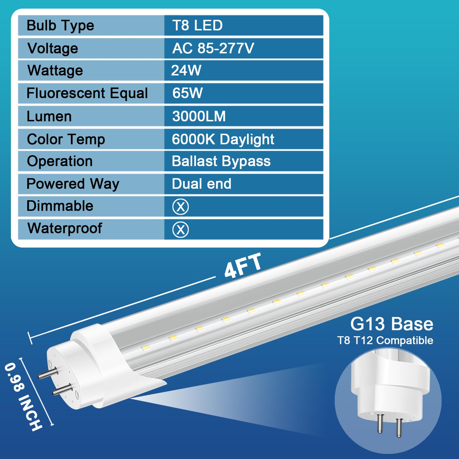 Marxlait 4 Pack T8 LED Bulbs 4 Foot, 24W 3000LM, 6000K Daylight, Ballast Bypass, Dual Ended Powered Type B Light Bulbs, LED Fluorescent Tube Replacement T8 T12, Non-dimmable