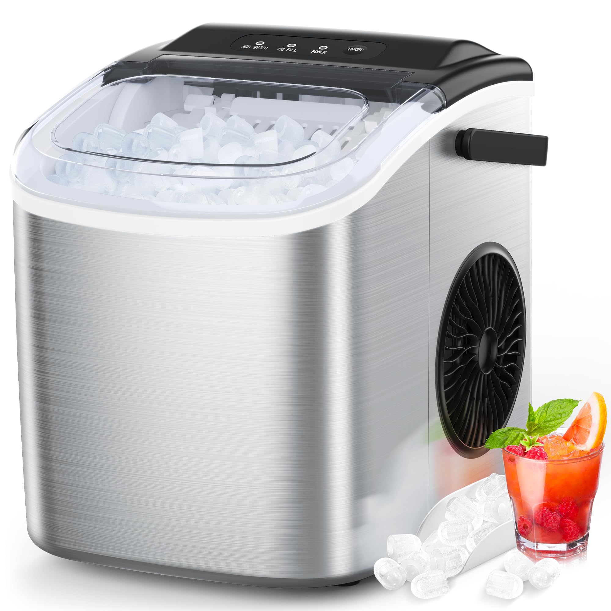 COWSAR Ice Maker Countertop, Stainless Steel Portable Ice Maker Machine with Self-Cleaning, 26.5lbs/24Hrs, 6 Mins/9 Pcs Bullet Ice, Perfectly for Home Use, Gift