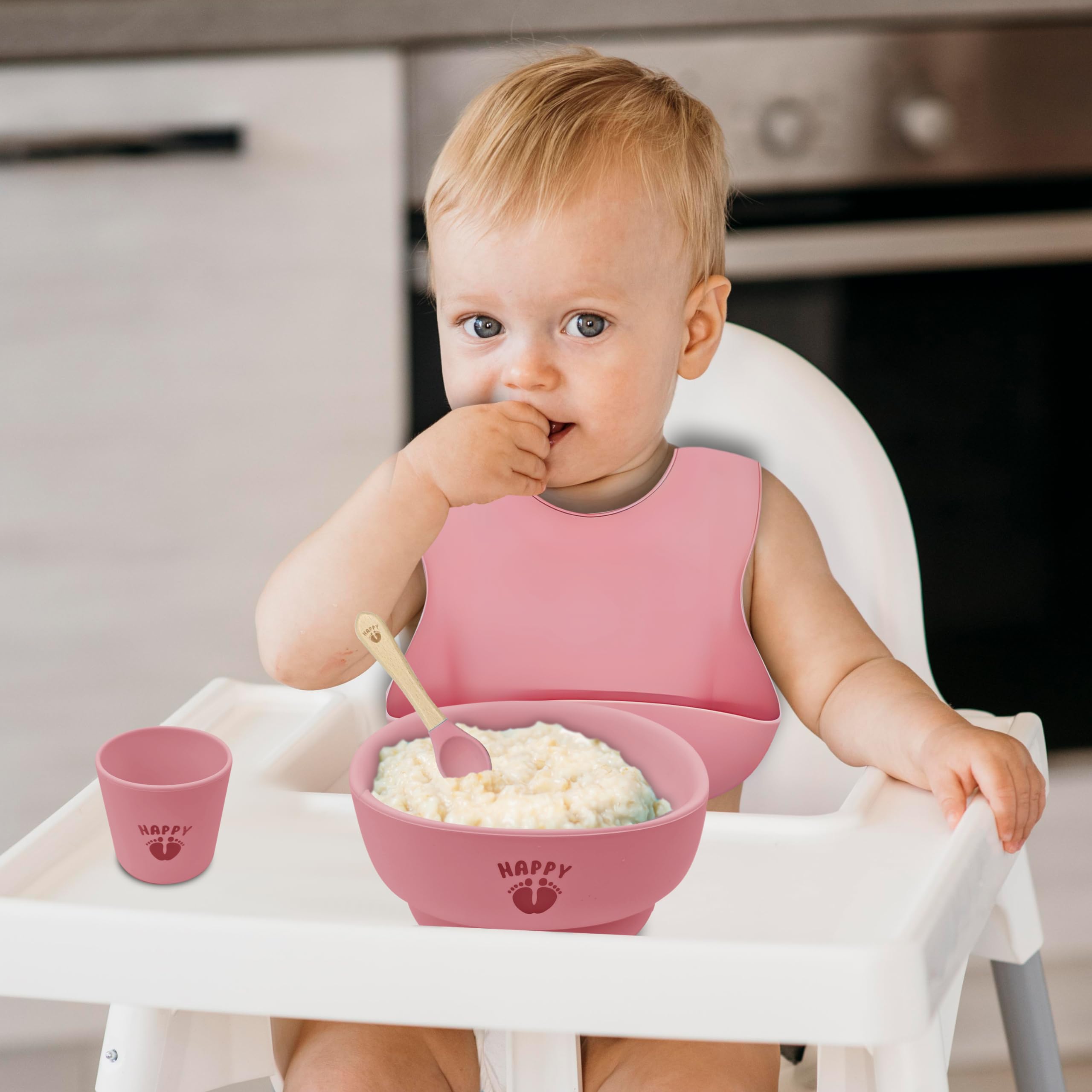 Dingas Direct - Happy Feet Feeding Set, 9 Piece Baby Feeding Supplies Set, Food Grade Silicone Baby Feeding Set, Baby Led Weaning Set and Baby Dishes, Quality Baby Suction Bowls and Plates. (Pink)