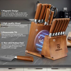 Kitchen Knife Sets With Block, Piklohas 15 Pieces Knife Sets With Magnetic Detachable Knife Holder, High Carbon Steel Damascus Pattern Chef Knife Set With Steak Knives, Ideal For House Warming Gift