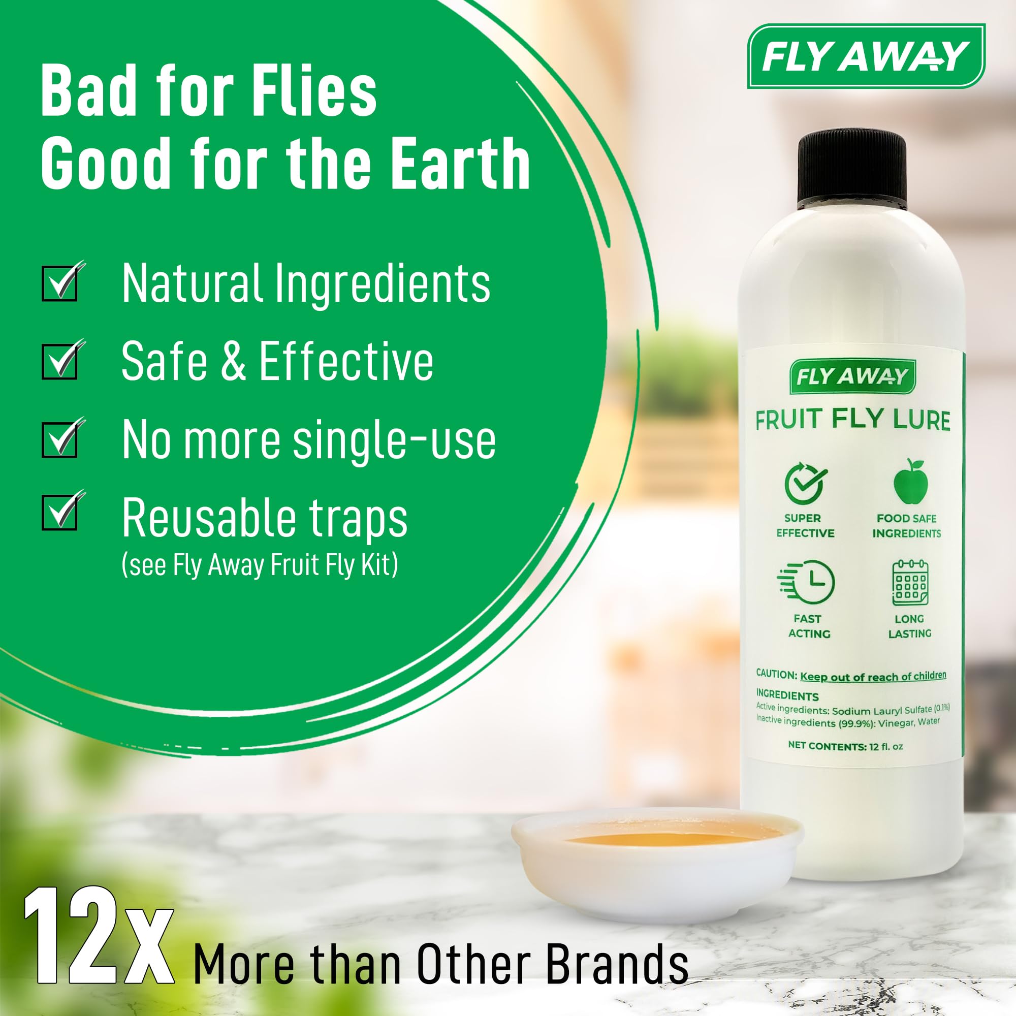 Fly Away Fruit Fly Liquid Lure - Trap Fruit Flies Fast. Safe Around Food. Fruit Fly Trap Indoor Bait for Kitchens, Restaurants, and Bars. Use Alone or as Refill for Fly Away Fruit Fly Trap Kit (12 oz)