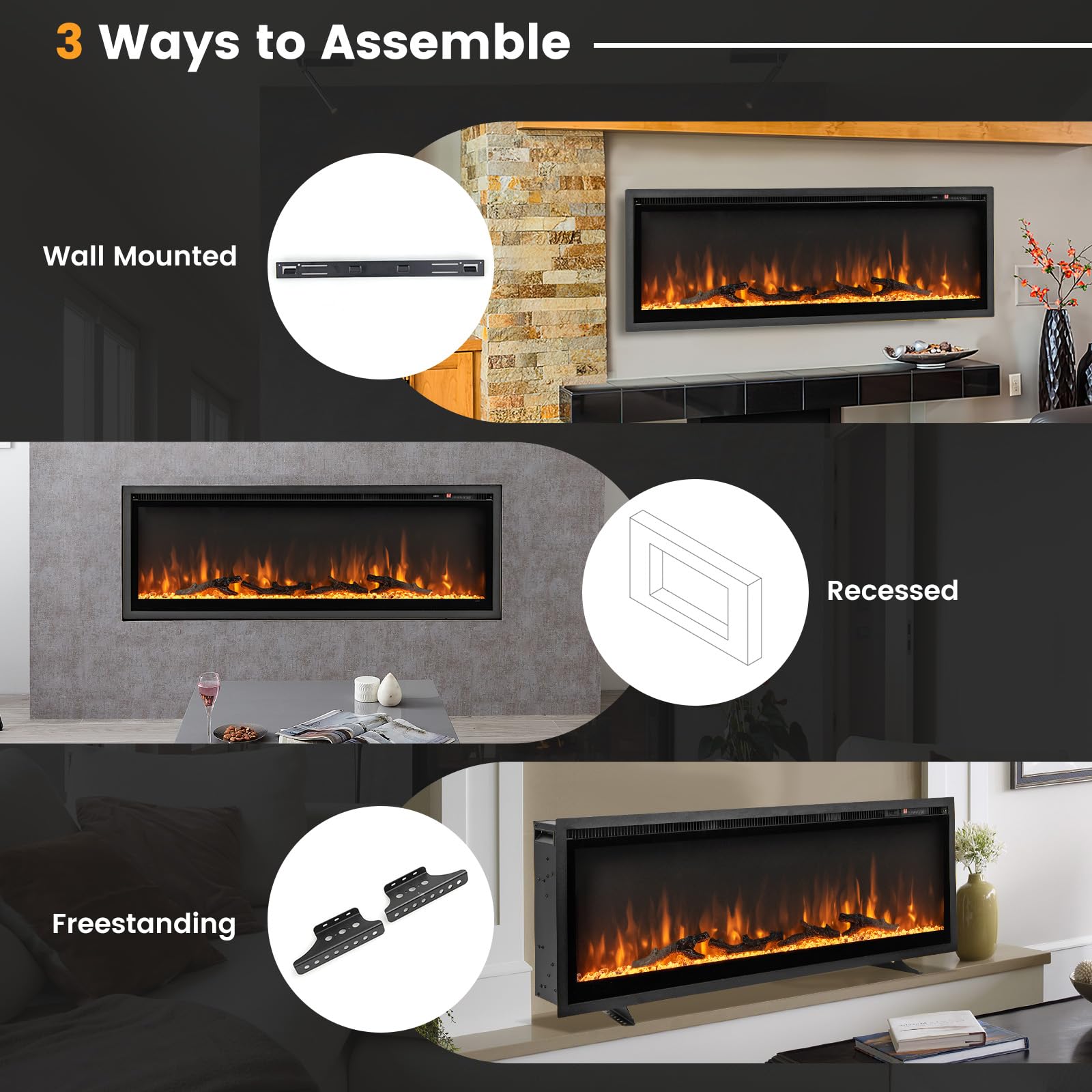 Tangkula 50 Inches Electric Fireplace Inserts, Recessed, Wall Mounted and Freestanding 1500W Slim Fireplace Heater with Remote Control, Adjustable Flame Color & Brightness (50 Inches)