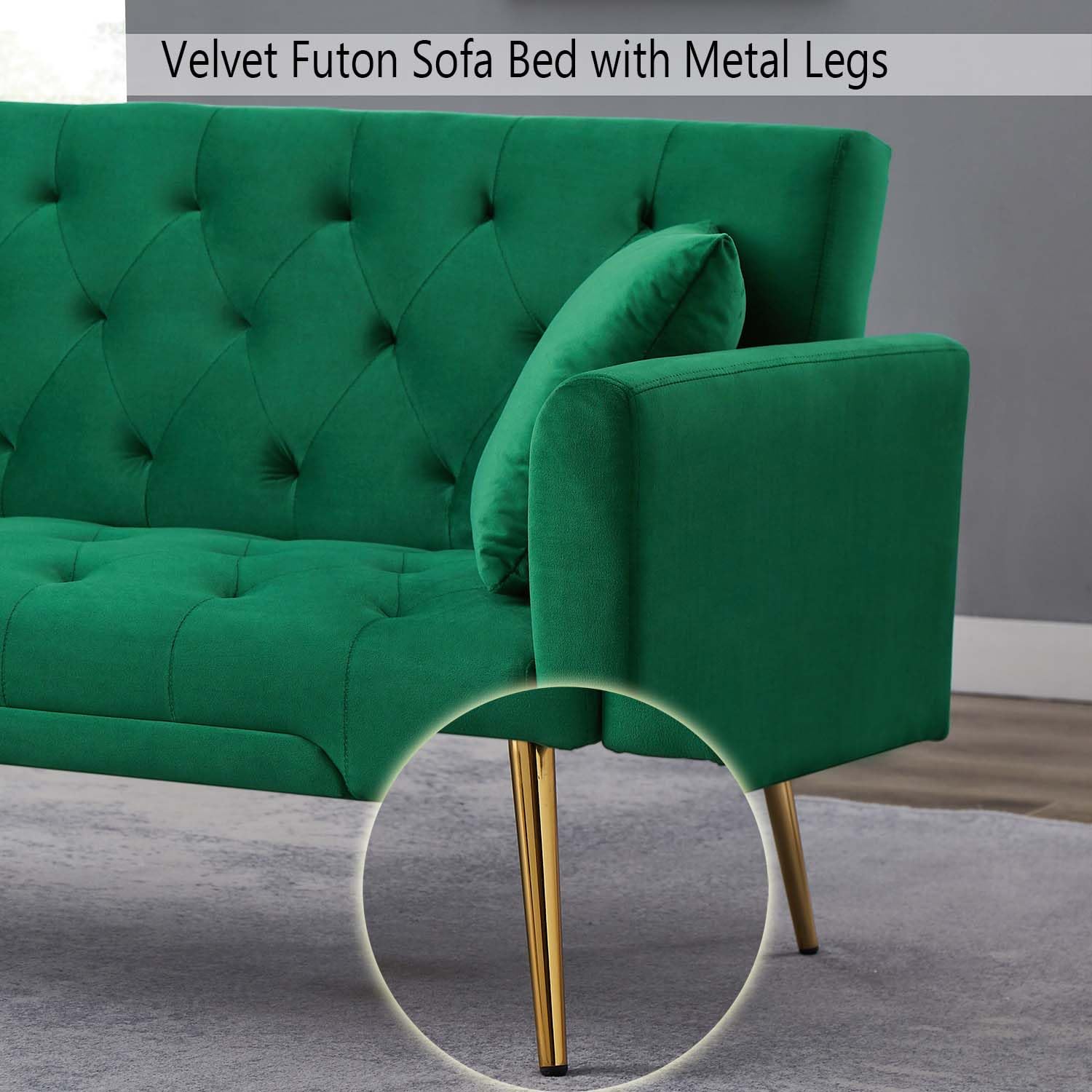 STELSIPLIY 72" Velvet Futon Sofa Bed with Metal Legs&2 Pillows, Modern Sleeper Sofa Couch, Upholstered Convertible Loveseat with Adjustable Backrest, Living Seat for Home Office Apartment,Green