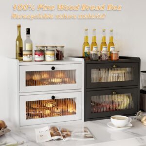 Alpeir Double Layer Large Bread Box for Kitchen Counter, Wooden Corner Bread Storage Container with Acrylic Window, White