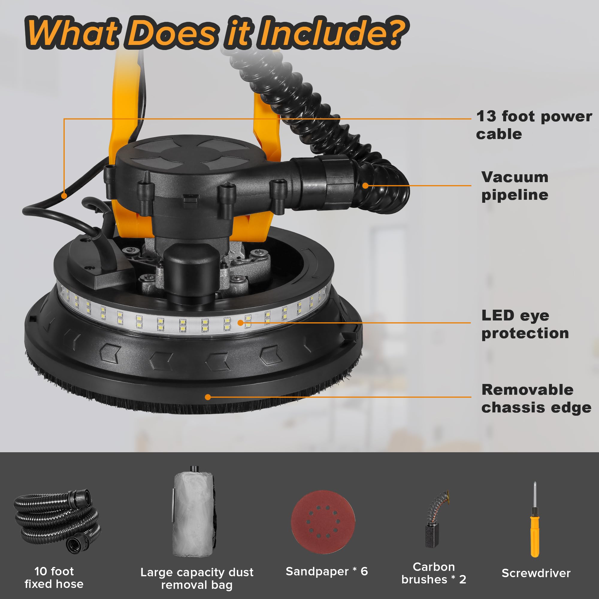 Drywall Sander, 880W Electric Drywall Sander with Vacuum Dust Collection, 6 Variable Speed 1000-2100RPM, Extendable Handle, Dustless Floor Sander with 14'' Power Cord for Popcorn Ceiling, Wood Floor