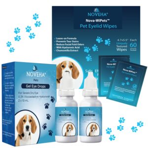 noveha gel eye drops with 2x10ml for dogs & cats - 0.3% viscoadaptive hyaluronan eye solution for severe dry eyes with nove-wipets ocular hygiene wipes for pets (pack of 60) cleanse facial folds