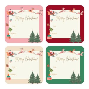 mobiusea creation christmas gift tags labels | 2 inch | 60 pcs christmas gift labels | red, green, gold, pink 4 color assortments with santa, christmas tree and present design christmas labels