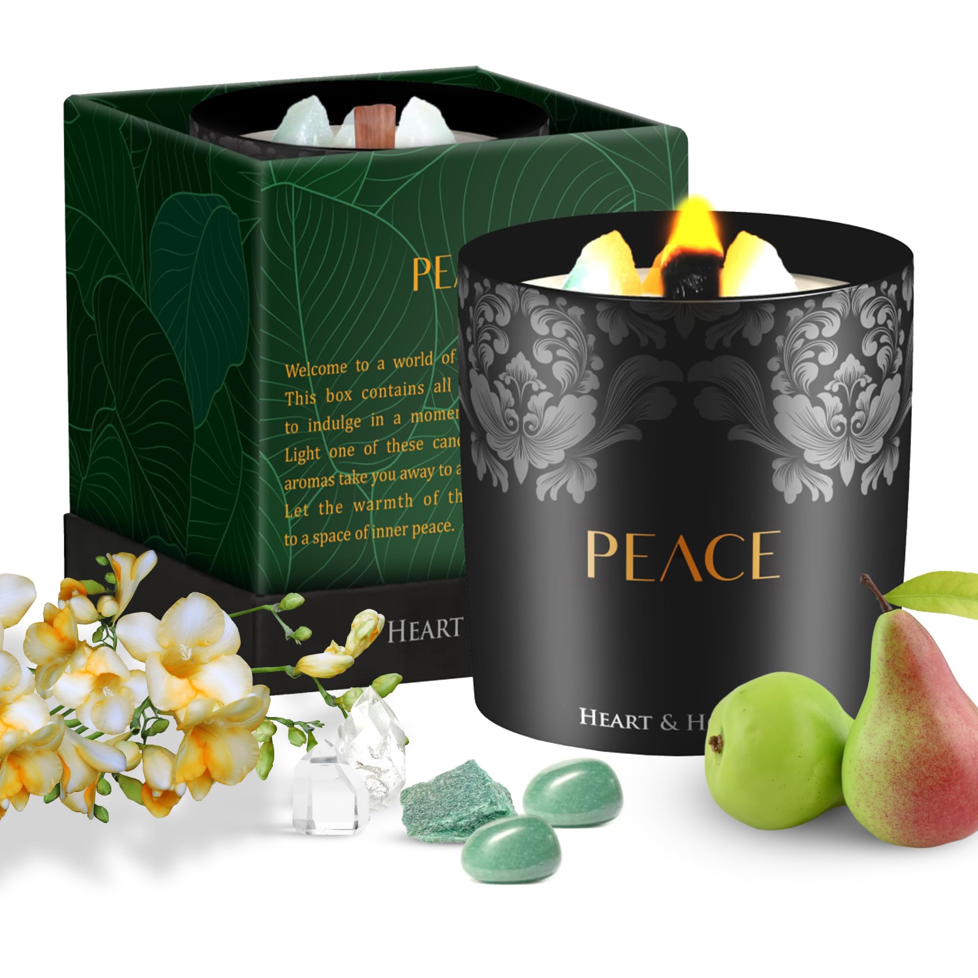 Heart & Homage Natural Scented Meditation Candle with Healing Crystals - Luxurious Wood Wick Candle - Crystal Candle with Premium Gift Packaging, 8.11 oz (English Pear & Freesia)