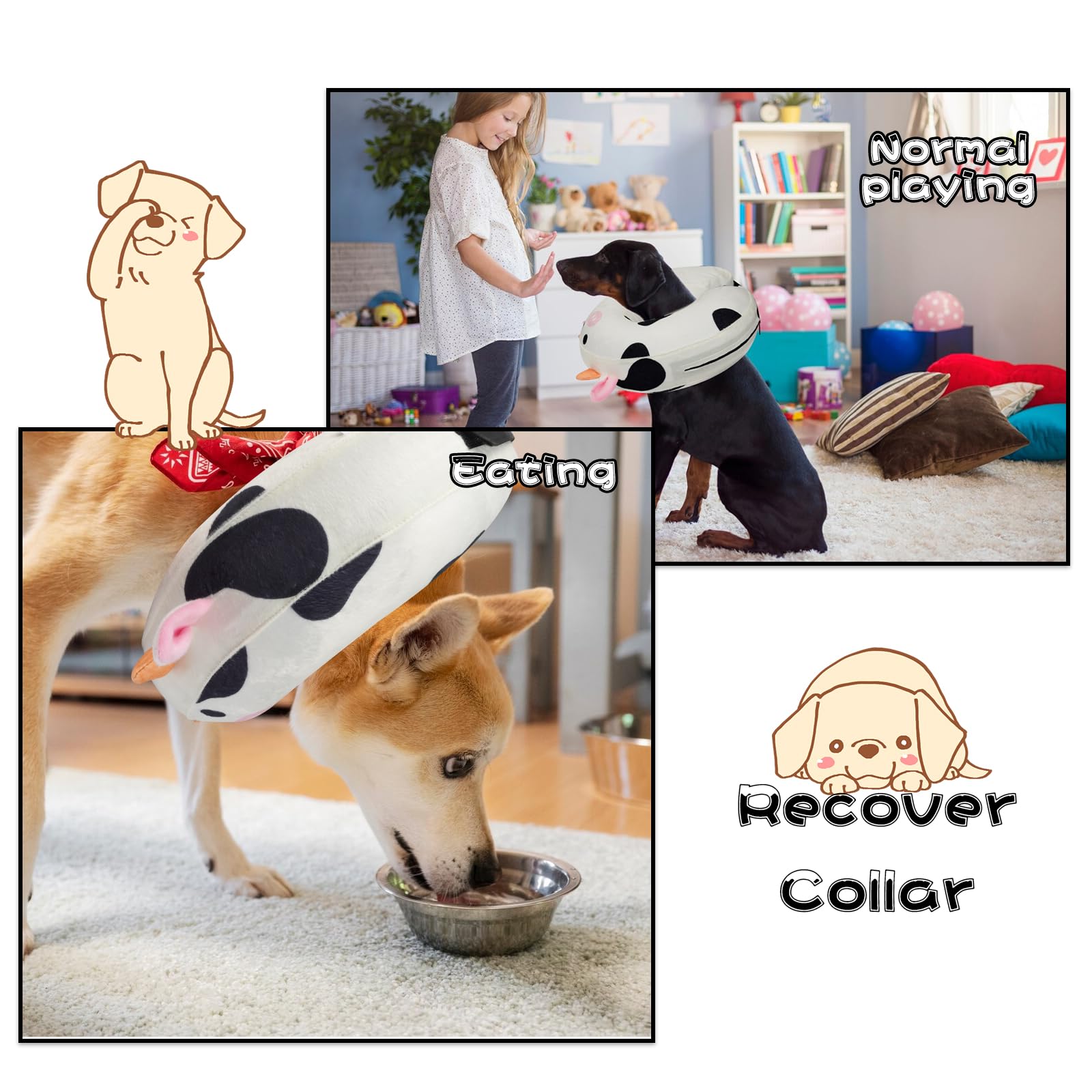 Hkojewp Inflatable Dog Cone Collar, Recovery Dog Cone for Medium Large Dog, Soft Cow Shaped Dog Cone Alternative After Surgery Neck Pillow, Dog Cones Stop to Licking for Dog,Cat(16Inch/40CM)