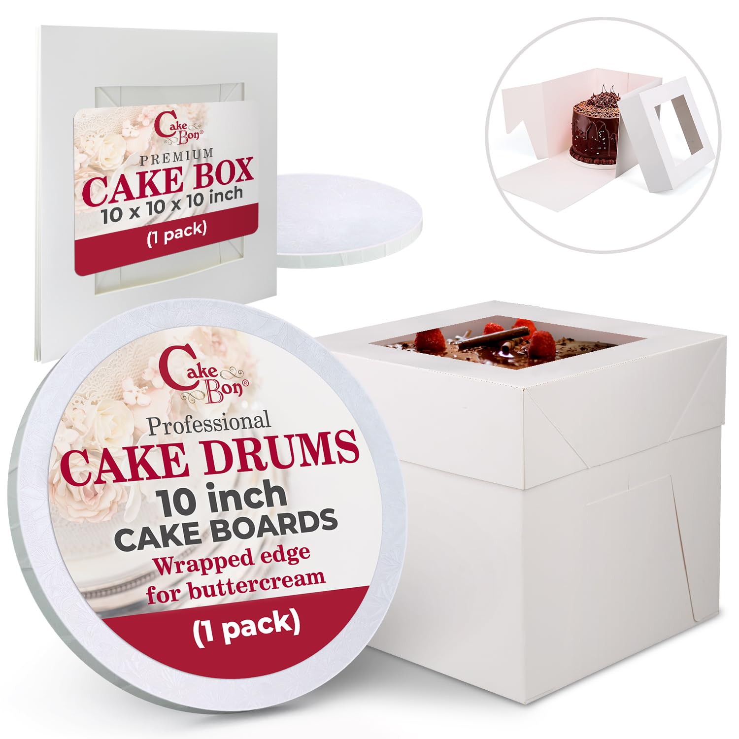 Cakebon Cake Boxes with Cake Boards Cake Boxes 10 Inch with Cake Board White (1-pack) - Cake Box With Window for Birthdays, Weddings and Parties