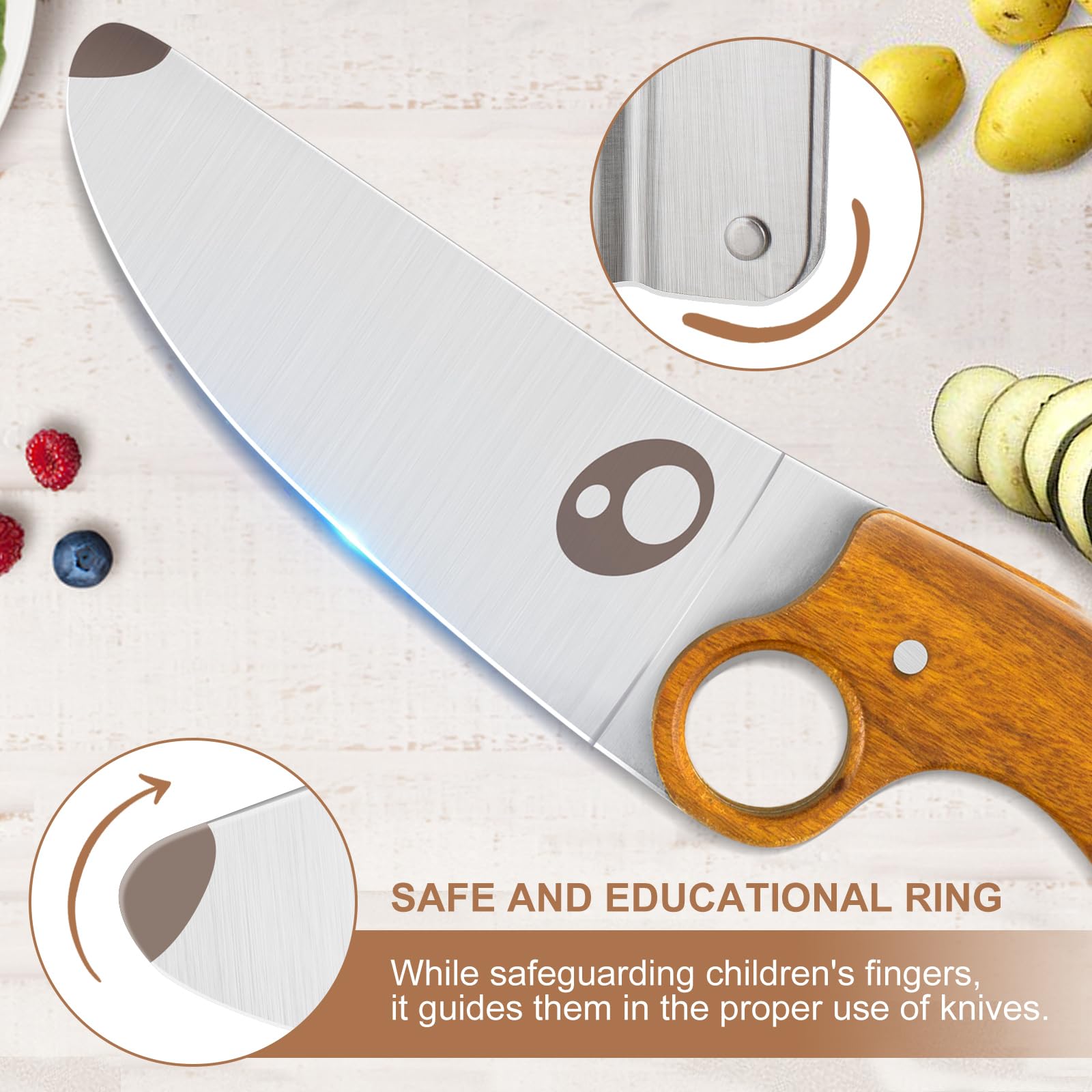 ZLemma Kids Knife Set for Real Cooking with Educational Ring & Finger Guard for Cutting Training, 3 Pieces Premium Full-tang Kids Chef Knife & Kids Crinkle Cutter, Precious Rosewood Handle